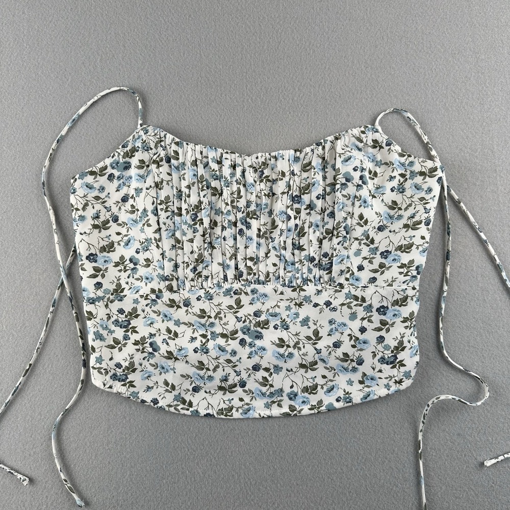 Abercrombie & Fitch Cami Top Womens Small White Blue Floral Smocked Pleated Bust